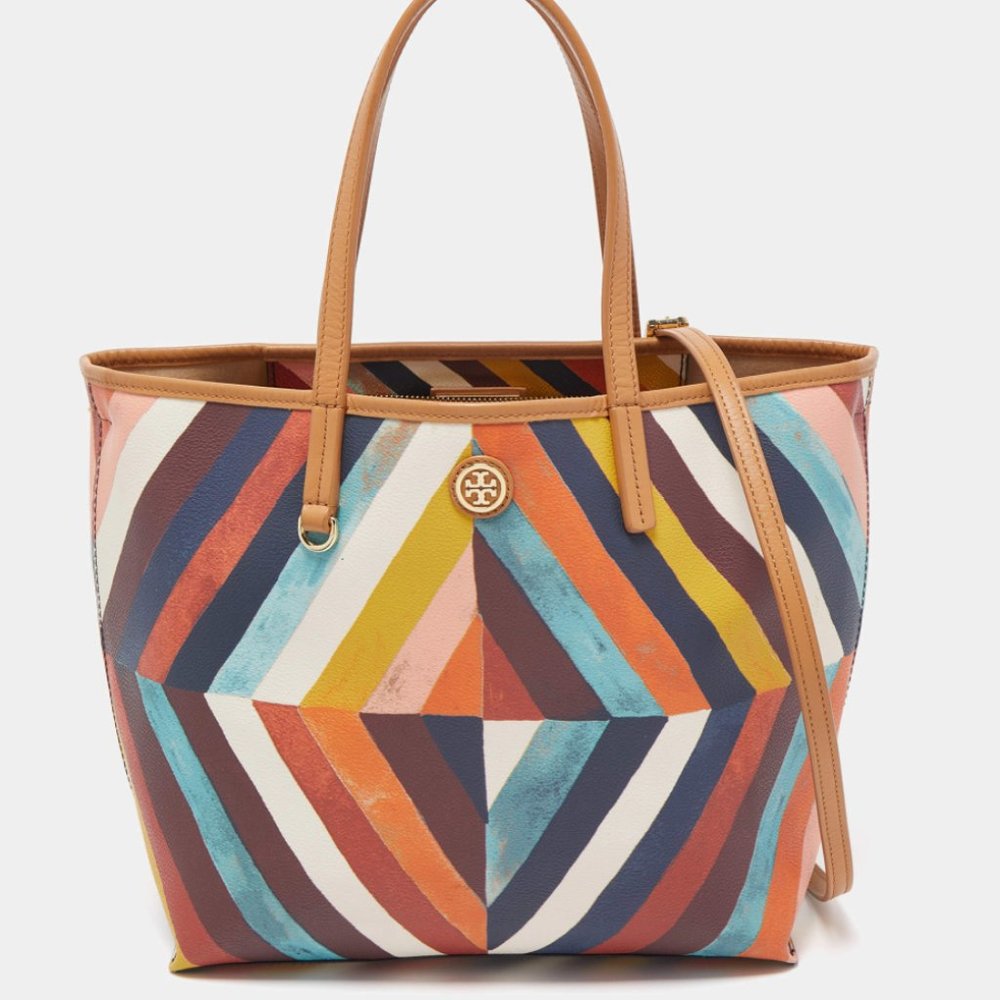 Tory Burch Multicolor Diamond Stripe Coated Canvas and Leather Kerrington Tote